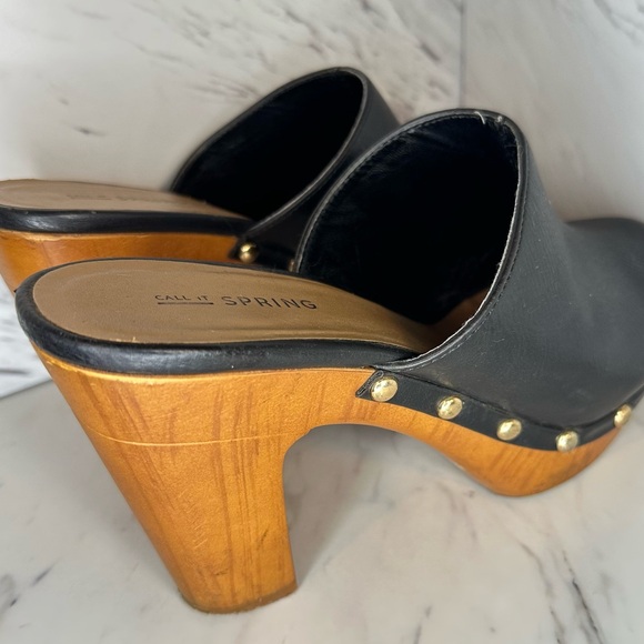 Faux Leather High-Heeled Clogs - Black with Wooden Platform - Size 7.5 - Picture 8 of 12